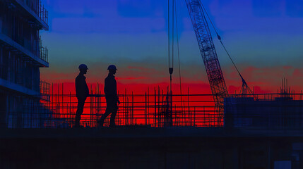 Silhouetted construction workers walking on scaffolding at sunset, creating dramatic scene