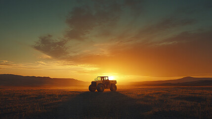 Fototapeta premium silhouette of large vehicle against stunning sunset in vast landscape