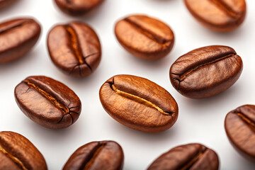 Macro Photography of Roasted Coffee Beans with Shallow Depth of Field on White Background