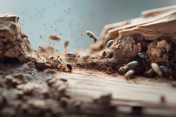 A colony of termites at work, chewing through a wooden beam, their tiny bodies visible as they carry pieces of wood into their tunnels. The camera captures this in high detail.