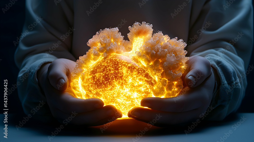 Poster Glowing orb held gently evoking power or a core. Use it for fantasy or sci-fi themes symbolizing energy or creation's essence.