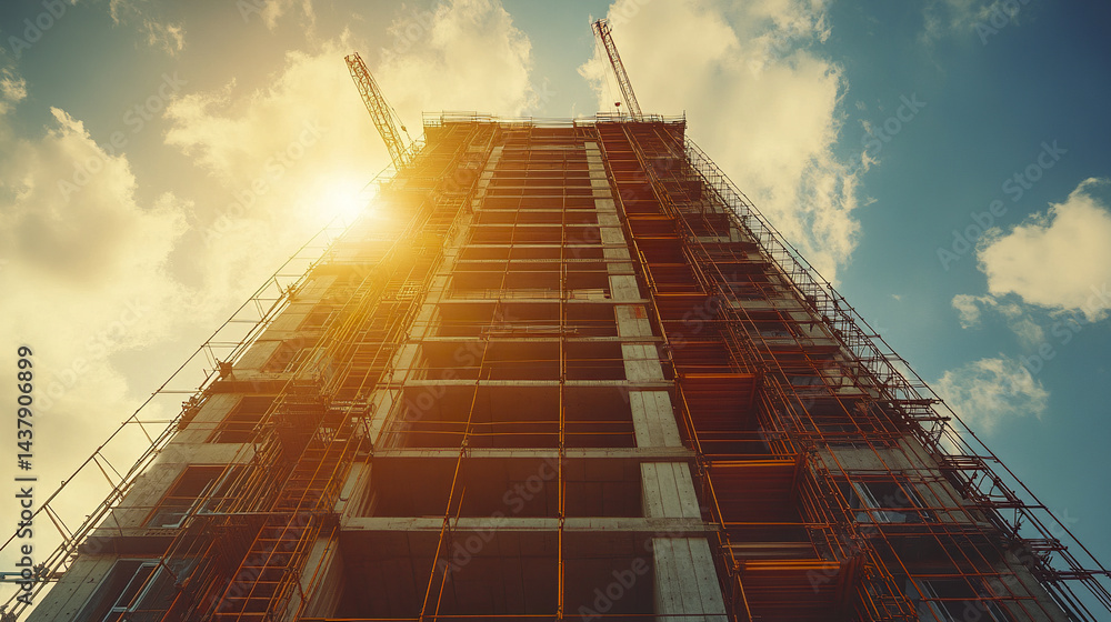 Poster skyscraper under construction with scaffolding and sunlight illuminating scene