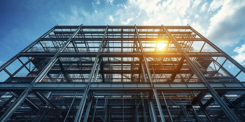 Fototapeta premium Modern steel frame structure under bright sky with sunlight shining through
