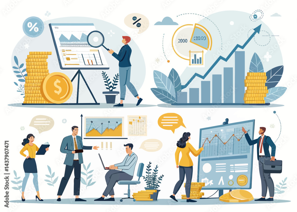 Poster illustration showing business analysis with charts graphs and people working on financial data and g