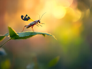 A cricket jumping from one leaf to another, with its wings fluttering and legs stretched in mid-air, while the blurred background emphasizes its motion.