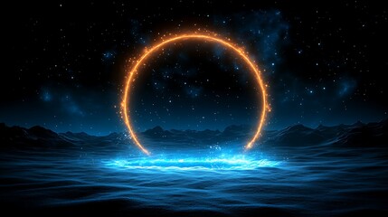Obraz premium A glowing orange ring hovers above a blue, illuminated surface in a dark, starry landscape, creating a mystical and otherworldly scene