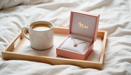 Breakfast tray with tea and necklace gift for Mom, thoughtful gesture