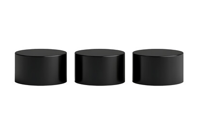 Three glossy black cylinder podiums isolated on a transparent background