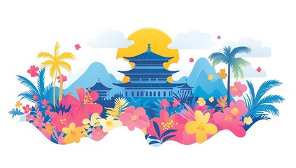 Golden Asian Temple with Floral and Mountain Landscape – Vibrant Travel Illustration JPG for Nature, Culture, and Adventure Concepts