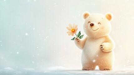 Cute illustrated bear in soft watercolor style, holding a flower with a gentle smile
