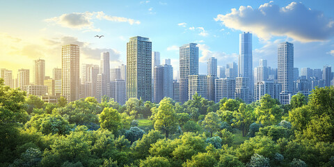 vibrant cityscape featuring modern buildings surrounded by lush greenery, showcasing urban