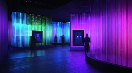 Modern museum exhibit with vibrant lighting and interactive displays
