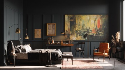 Dark academia style bedroom with elegant 2:3 ratio frame mockup on moody wall, featuring vintage furniture, classic decor, warm lighting, cozy atmosphere, and sophisticated neutral color palette.