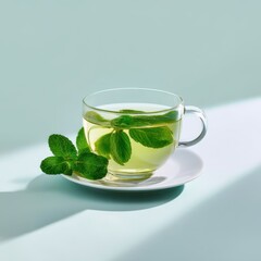 Glass cup of mint tea still life on white background
