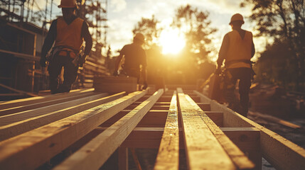 Naklejka premium Building team working with timber beams during sunset, showcasing teamwork and dedication