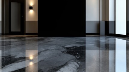 Polished, modern, epoxy floor.  Glossy, reflective, contemporary interior