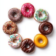 Assorted donuts arranged in circle on white background