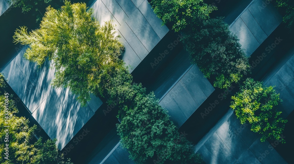 Aufkleber aerial view of modern architecture with greenery, showcasing a harmonious blend of nature and design