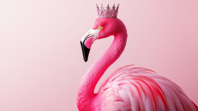 postcard pink famingo, skornoy and hat, birthday, studio shooting, pink style, A cute pink flamingo wearing a party hat surrounded by pastel flowers on a soft pink background. Festive and whimsical 