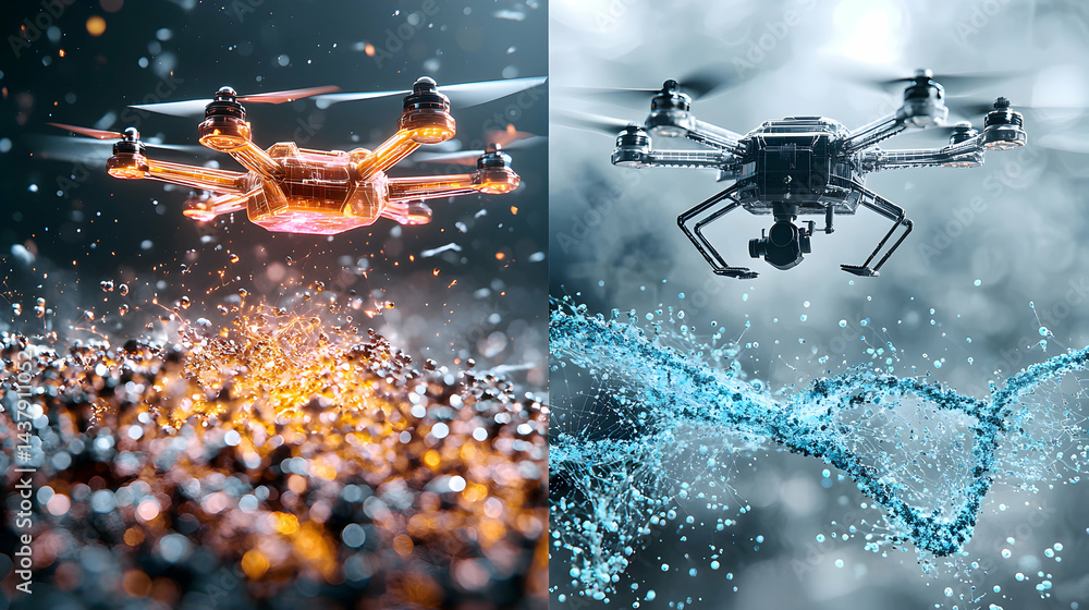 Poster drones explore abstract data streams suggesting tech advancements. excellent for science communicati