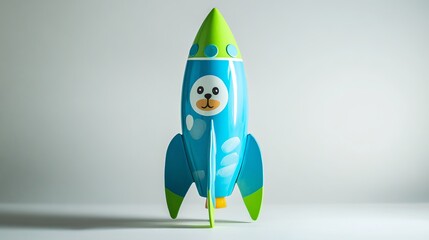 Adorable Cartoon Rocket Ship Design Blue Green Childrens Toy Playful Fun Illustration Space Exploration Cute Animal Face Playtime Preschool           