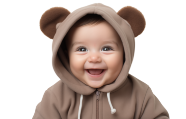 A happy baby wearing a brown bear hooded jacket smiles broadly at the camera transparent background png