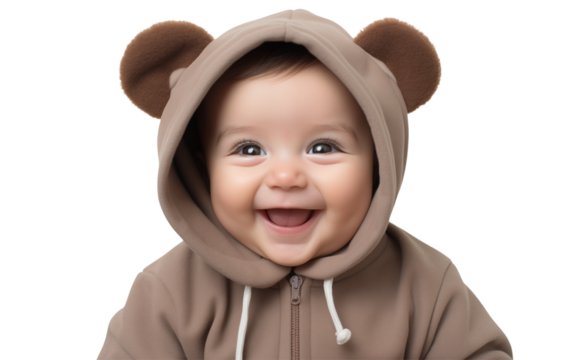 A happy baby wearing a brown bear hooded jacket smiles broadly at the camera transparent background png