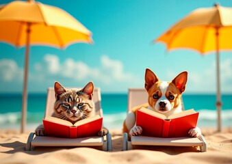 cat and dog  on the beach