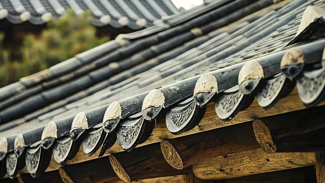 Traditional korean architecture featuring detailed roof tiles and wooden beam construction