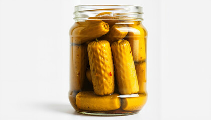 Pickles in a Jar Preserved in Brine on White Background  