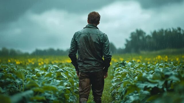 A resolute farmer stands resilient in their rain soaked field