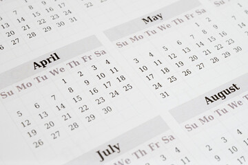 Fototapeta premium Calendar pages for april may july and august 