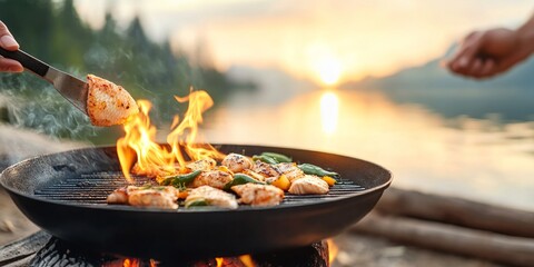 Grilling fresh seafood by the lakeside during a sunset adventure camping trip