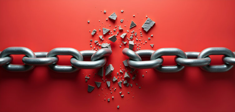 A close up of two metal chains on a red background.