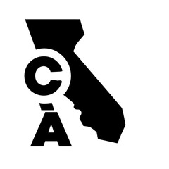 Simple black silhouette of the California state outline with the word "CALIFORNIA" below. A clean, bold graphic design featuring a solid black silhouette of the California state shape with the word "C