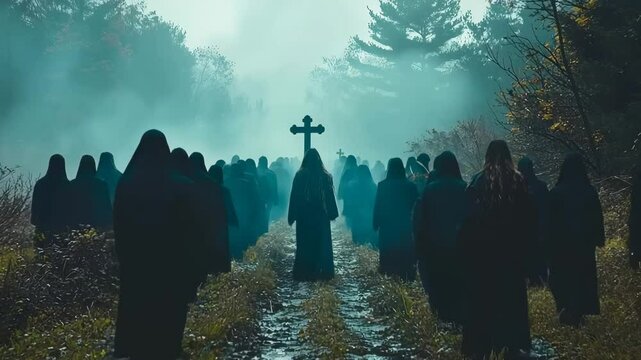 Somber funeral procession in the mist