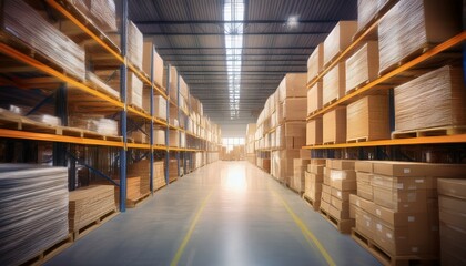 warehouse industry blur background with logistic wholesale storehouse blurry industrial silo interior aisle for furniture merchandise inventory and wood material construction supplies big box store