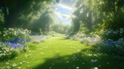 Fototapeta premium Sunlight filters through a verdant forest path lined with wildflowers. Lush green grass, vibrant blossoms, and dappled sunlight create a serene and enchanting woodland scene