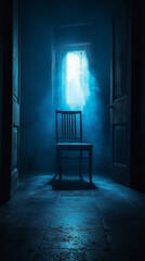 Obraz premium Abandoned chair in a dimly lit, fog-filled hallway with a light source