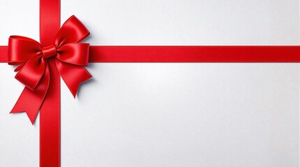 A shiny red satin bow adorns a festive gift package tied with a matching ribbon