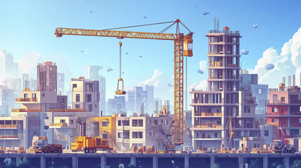 Urban construction project with cranes and buildings development, showcasing progress