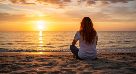A calm image of someone sitting on the beach, watching the sun rise over the ocean