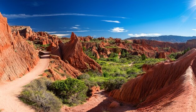 a winding path snakes through the vivid crimson canyons of los castillos harmonizing with lush greenery beneath a vast azure sky