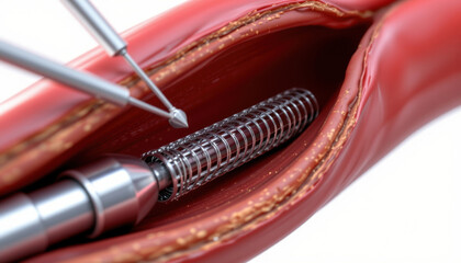 Naklejka premium Close up view of medical stent being placed inside blood vessel, illustrating surgical procedure