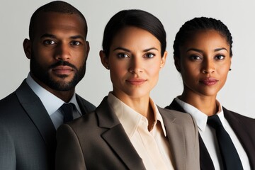 Three diverse business professionals stand confidently, showcasing leadership and teamwork in corporate attire.