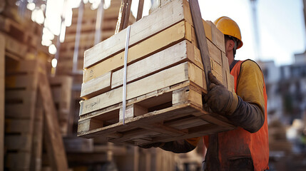Construction Worker Carrying Wooden Pallets