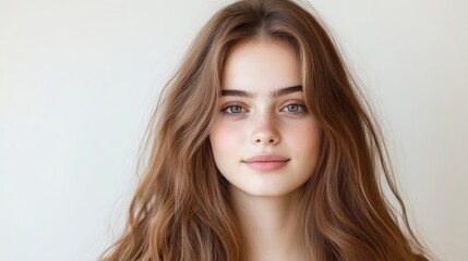 Fototapeta premium A young woman with long wavy hair posing for a portrait, soft natural lighting with a neutral background, and serene and elegant expression.