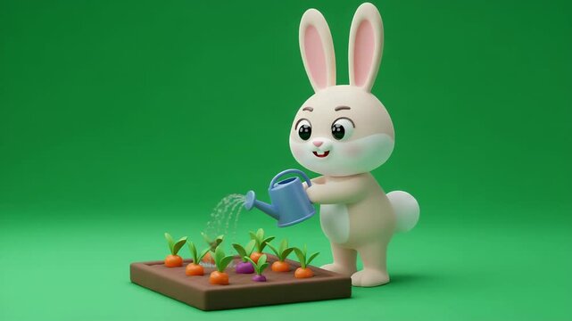 Cartoon Rabbit Watering a Vegetable Garden on Green Background