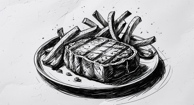 Steak frites food design in sketch hand drawing black and white on plain white background