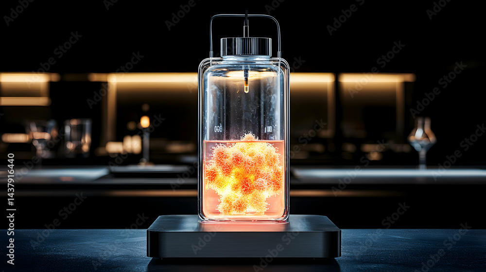 Poster a futuristic laboratory setup with glowing organisms in a glass container. it appears to be a scient